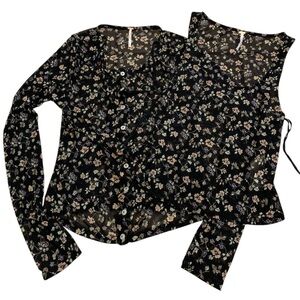 Free People Floral Mesh Two-Piece Set | Long Sleeve Button Top + Tank Cami M